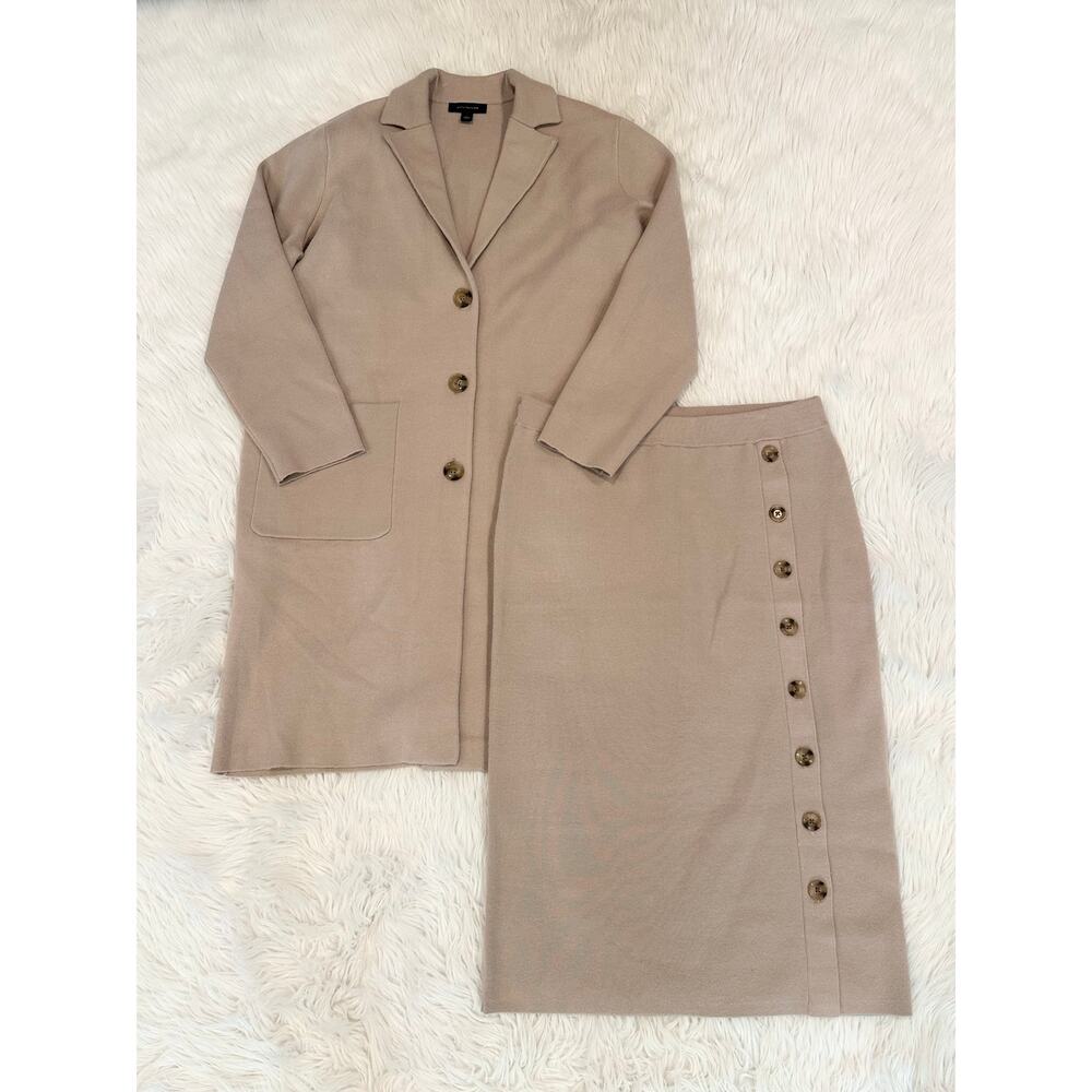 Ann Taylor Classic Knit Blazer Cardigan Button Midi Skirt Two Piece Sweater Set